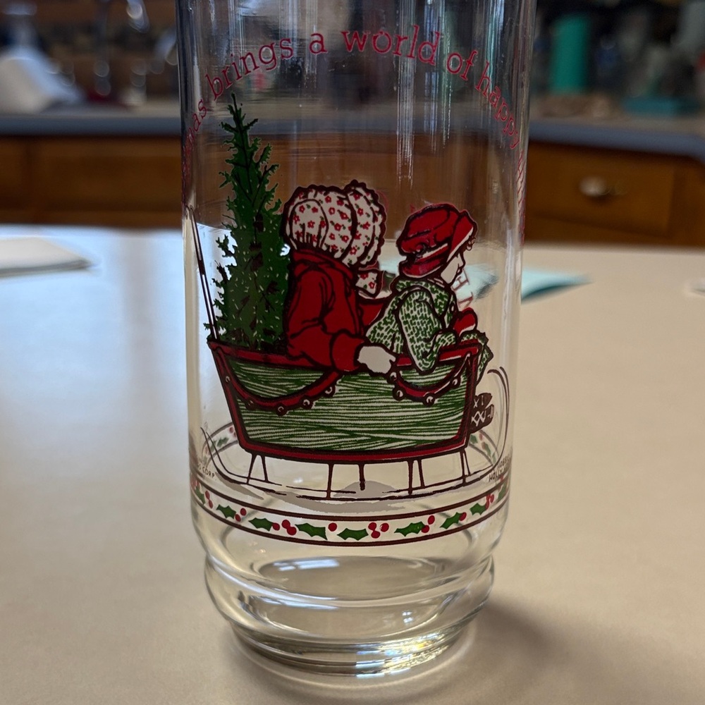Vintage Holiday Glass with Sledding Children Graphic
